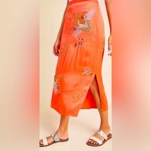Maeve Orange Maxi Skirt Embroidery Anthropologie Silk feel ❤️